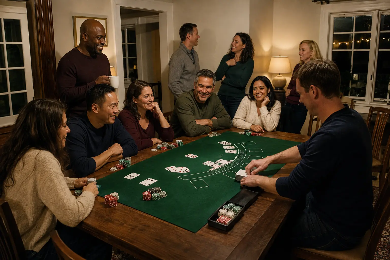 AI-generated concept of a group of fictional adult friends rotating through play-money blackjack at a home dining table