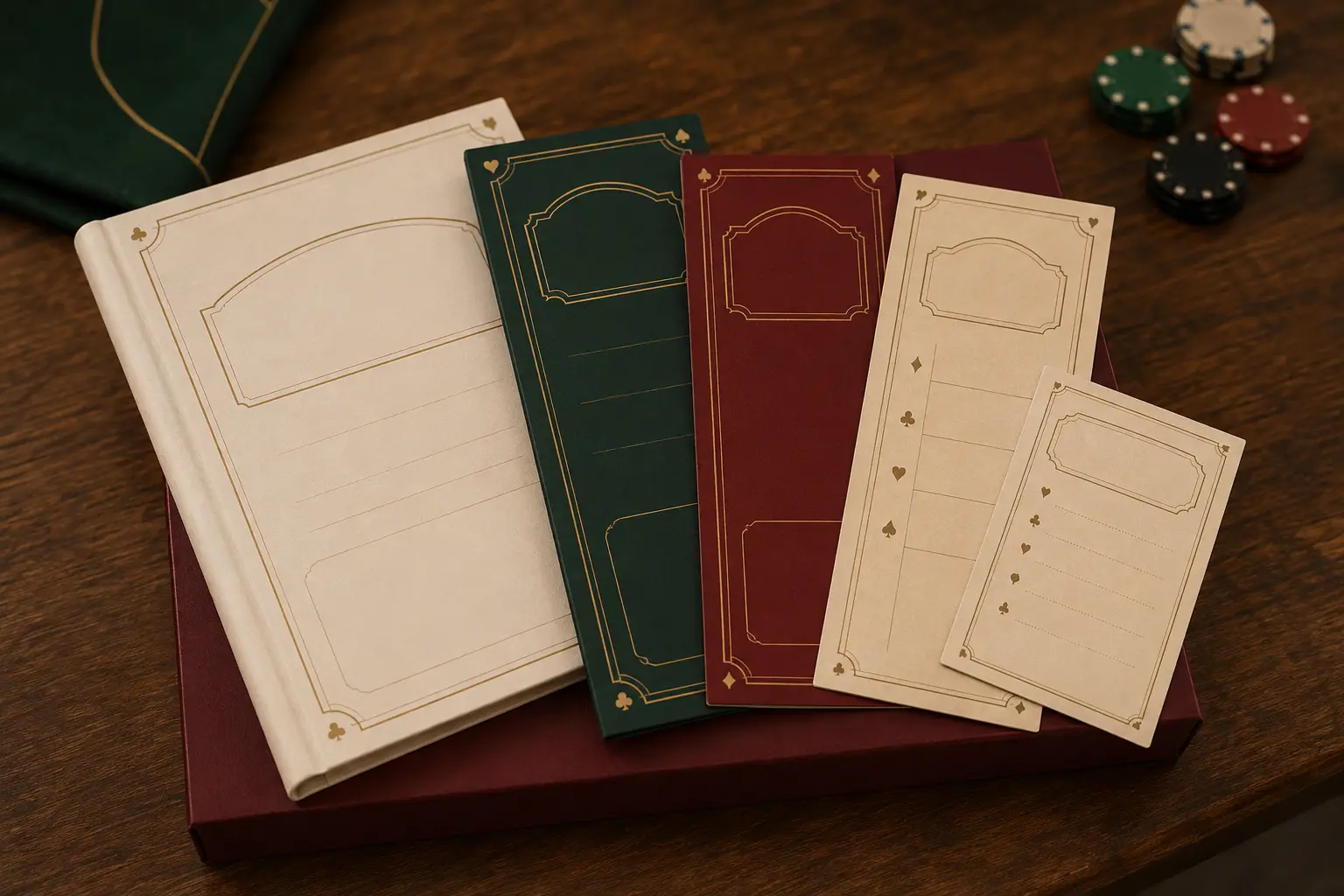 AI-generated concept of a cream playbook and green, burgundy and cream hosting cards displayed on a burgundy box