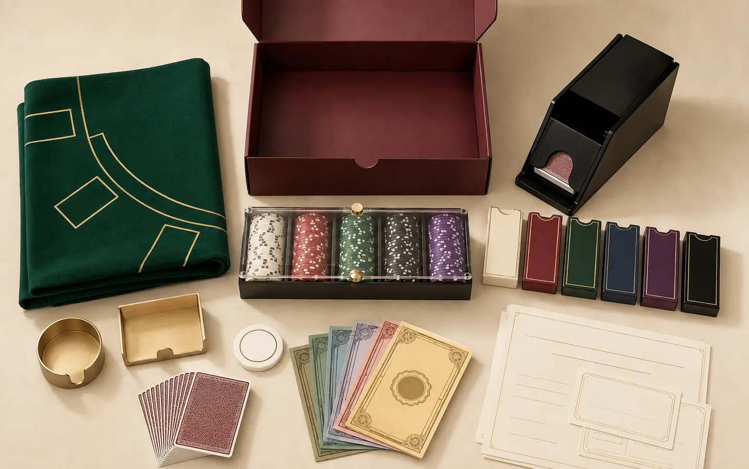 AI-generated top-down concept of planned blackjack felt, chips, cards, shoe, discard holder and host materials