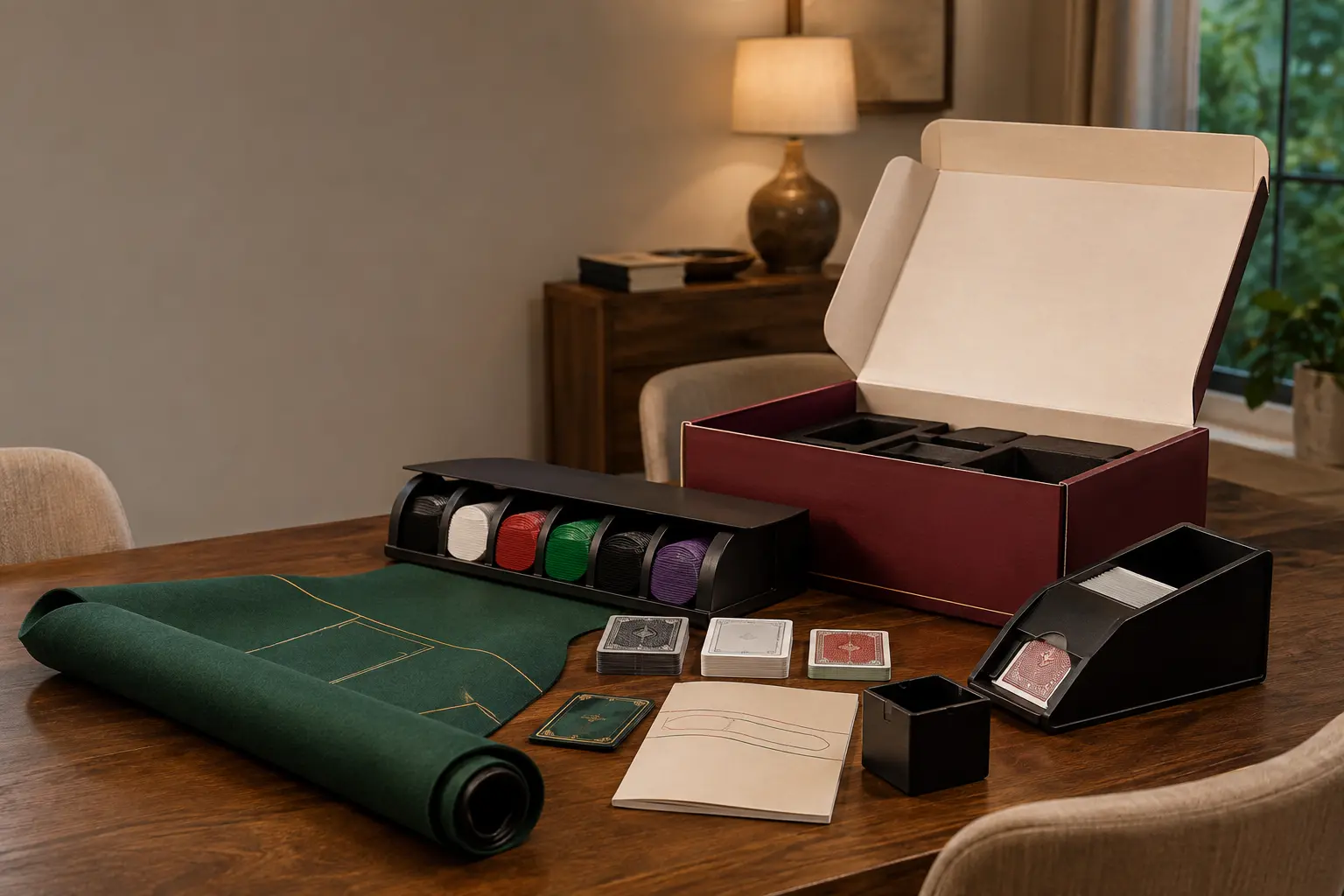 AI-generated concept of an open burgundy kit box, green blackjack felt, chips, cards and dealer tools on a home dining table